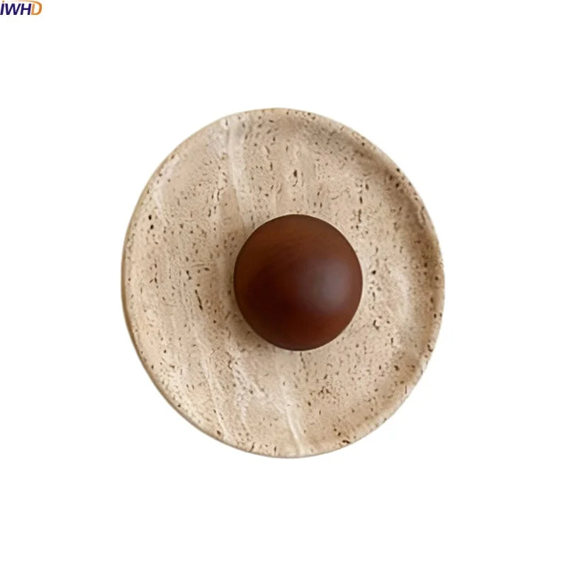 IWHD Yellow Travertine Round LED Wall Lights For Home Decor Items Furniture Living Room Wabi Sabi Vintage Bedside Lamp Wandlamp