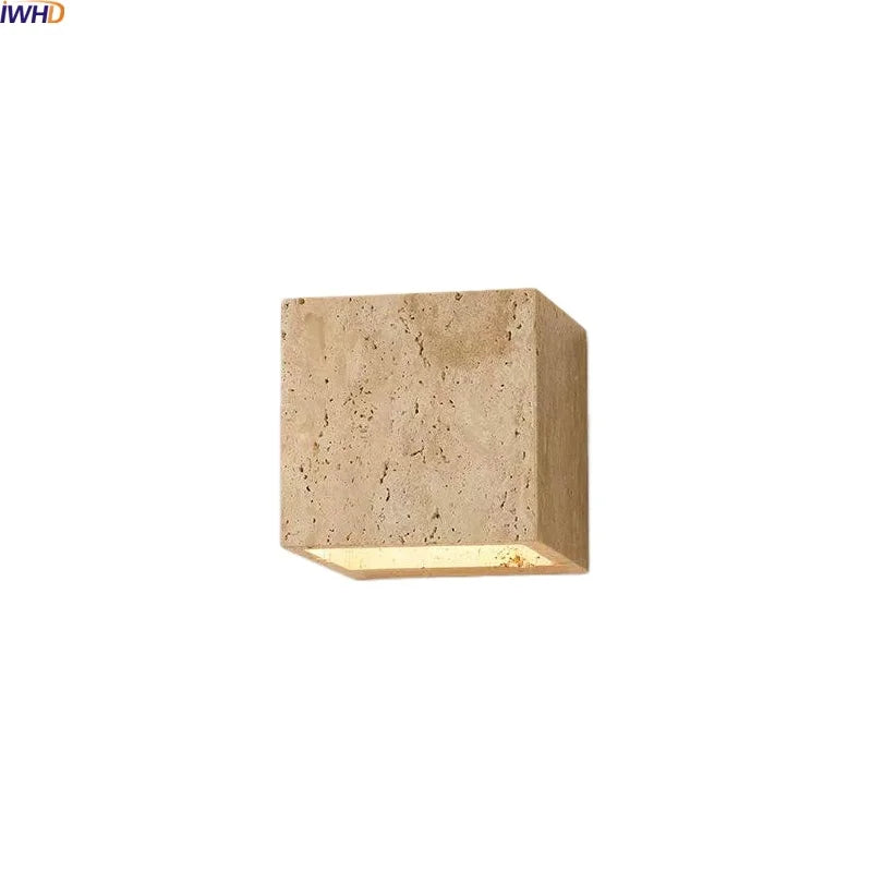 IWHD Square Yellow Travertine LED Wall Sconce Light In Bedroom Bedside Living Room Wabi Sabi Style Bathroom Mirror Lamp Arandela