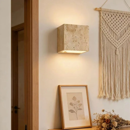 IWHD Square Yellow Travertine LED Wall Sconce Light In Bedroom Bedside Living Room Wabi Sabi Style Bathroom Mirror Lamp Arandela